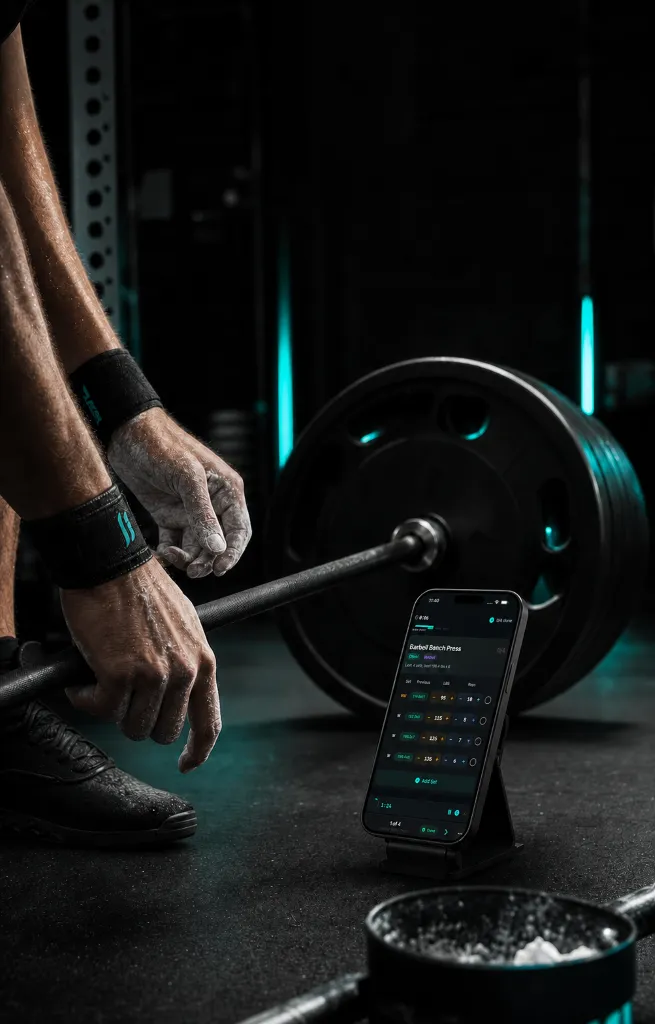SuperFlex workout tracker app on iPhone in a gym setting